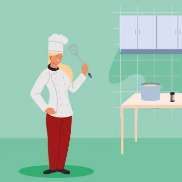 Woman chef with elements of kitchen 스톡 일러스트