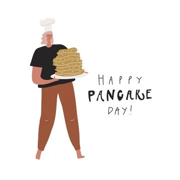 Woman chef with stack of pancakes. Hand drawn image and text: happy pancake day Stock Illustration