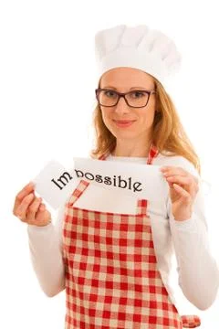 Woman chef with text impossible teared apart gesturing that everything is pos Stock Photos