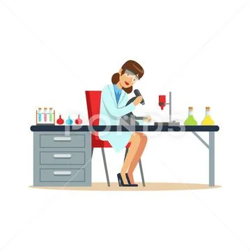 Woman chemist working with microscope and testing tubes in the laboratory Stock Illustration