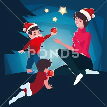 Woman with children in christmas evening scene Stock Illustration