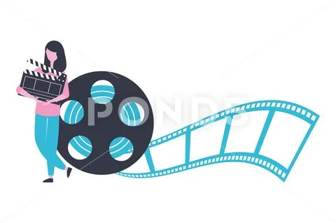 Woman with clapperboard and reel strip production movie film Stock Illustration