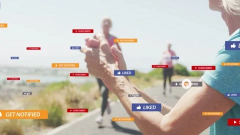 Woman clapping, cheering, generating social icons as runner with bib 1203 Stock Footage 333818327