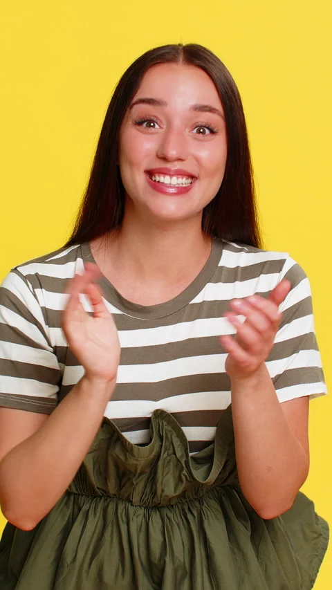 Woman clapping hands with big smile joyful emotional applause showing support Stock Footage 314595166