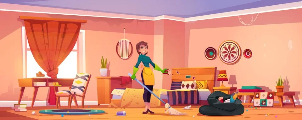 Woman clean bedroom in bohemian style, messy room Stock Illustration