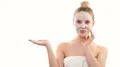 The woman with a clean face mask gesturing on the white background. slow motion 4k or 4k+ Resolution