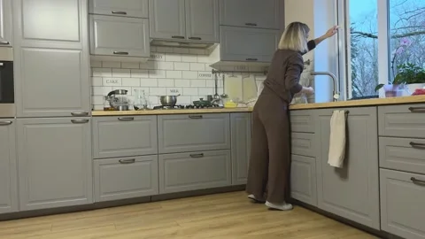 Woman cleaning kitchen window from inside, Concept of home maintenance Vídeos de archivo 341866135