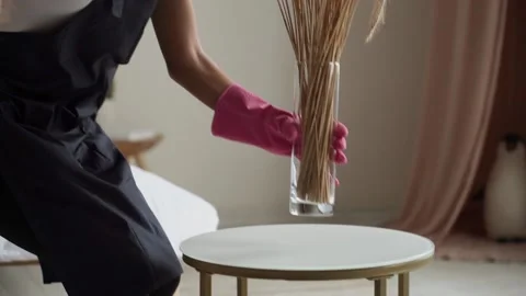 Woman cleaning table using rag and diffuser at home   Portrait Video stock 232446299