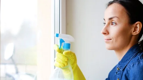 Woman Cleaning window Stock Footage 88400513