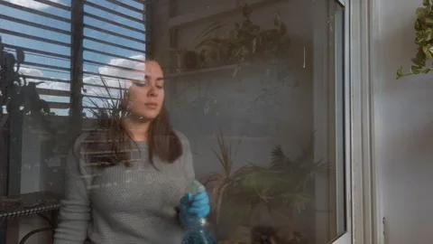 Woman cleaning windows using atomizer indoor Stock Footage 122684541