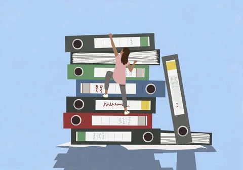 Woman climbing stack of file binders against blue background Stock Illustration