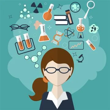 Woman with a cloud of thoughts about the test tube, formulas, materials and o Stock Illustration