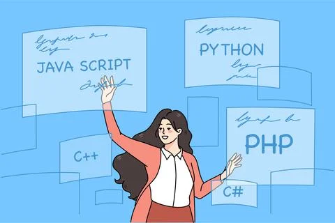 Woman coder programming with computer languages Stock Illustration
