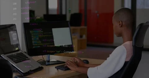 Woman coder typing and mousing at desk in office, security overlay intensifying Stock Footage 331872504