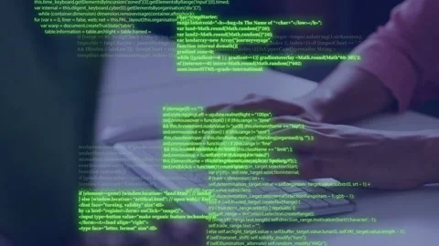 Woman coder typing at keyboard, initiating code overlay obscuring hands, Stock Footage 333485918