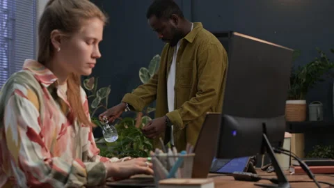 Woman Coding on Computer while Her Colleague Taking Care of Plants in Office Video stock 302890829