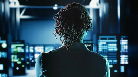 Woman coding in data center 库存照片