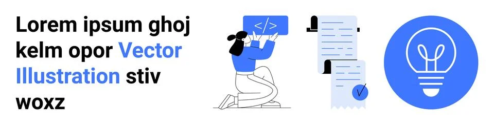 Woman coding, document checklist, and blue lightbulb idea. Ideal for software Stock Illustration