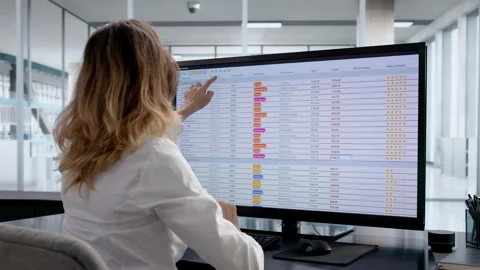 Woman Coding Financial Accounts Using Computer Stockbeeldmateriaal 330251129