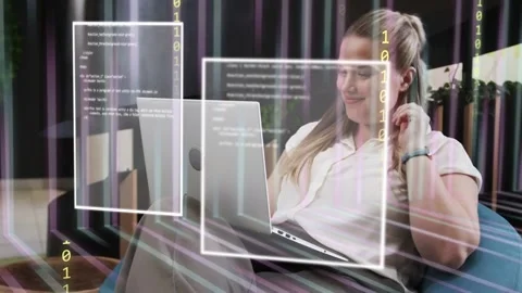 Woman coding on laptop, typing causing binary panels forming over laptop, Stock Footage 333318128