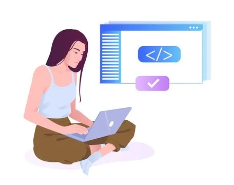 Woman coding on laptop. Vector illustration Stock Illustration