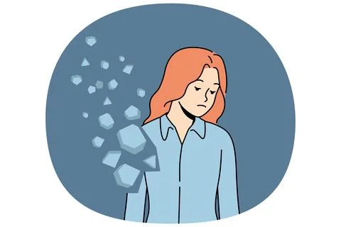 Woman with collapsing inner world needs help psychotherapist, stands near flying Stock Illustration