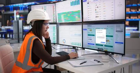 Woman At Computer Analyzes Orders And Manages Warehouse Inventory Smoothly. Stock Photos