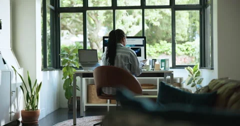 Woman, computer and documents with remote work from home office, back and web Stock Footage 321082309