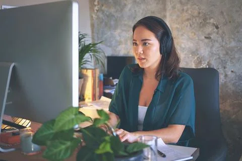 Woman, computer and remote work in home office with headphones, HR administ.. 스톡 사진