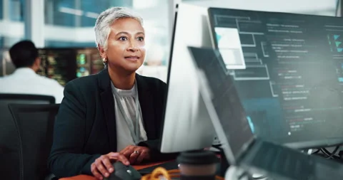 Woman, computer and screen with developer in office for programming, information Stock Footage 309138676
