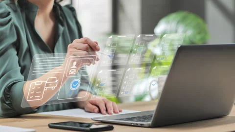 Woman at computer getting driver license test online virtual screen Stock Footage 277441846