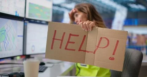 Woman At Computer Handles Multiple Tasks In Busy Warehouse Automation Center. Stock Photos
