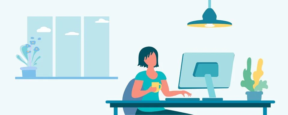Woman at computer, remote study concept, webinar, freelancing, cartoon vect.. Stock Illustration