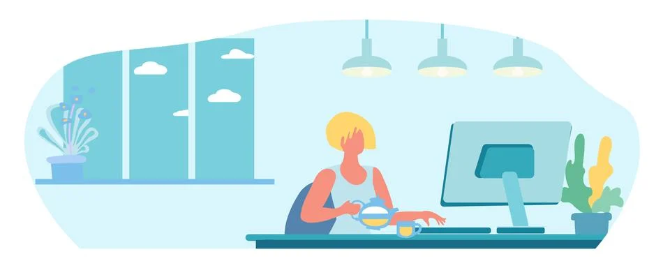Woman at computer, remote work concept, freelancing, cartoon flat vector il.. Stock Illustration