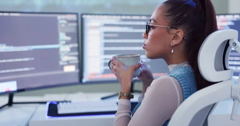 Woman, computer screen and software development for programmer research or Stockbeeldmateriaal 271051864