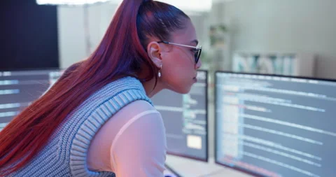 Woman, computer screen and software development for programming database with Stockbeeldmateriaal 271052312