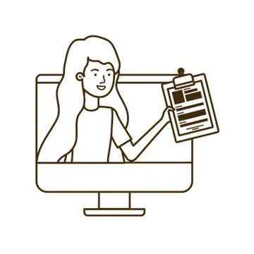 Woman on computer screen with white background Illustrazione stock