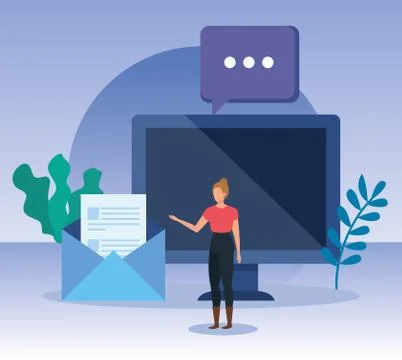 Woman with computer technology and chat bubble Stock Illustration