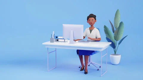 Woman at the computer thinking, 3d render. Shrugs her shoulders Stock Footage 275902266