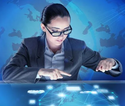 Woman in computing concept pressing buttons 库存照片