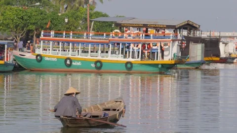 Woman with conical hat in rowing boat,Hoi An,Vietnam Stock Footage