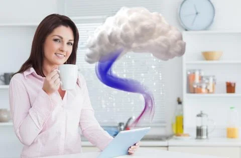Woman connecting to cloud computing with tablet Illustrazione stock