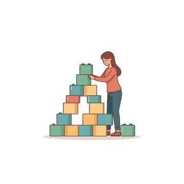 Woman constructing geometric pyramid structure of toy blocks representing c.. Stock Illustration