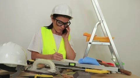 Woman construction worker using smartphone and writing Stock Footage 111783729
