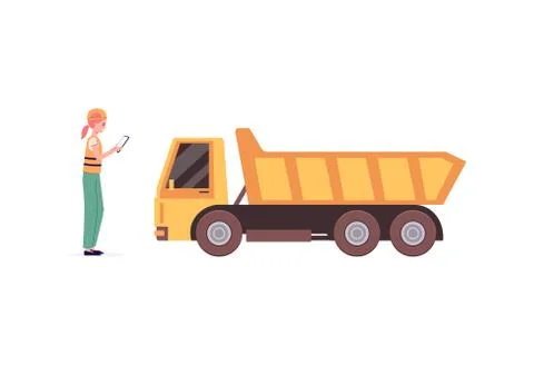 Woman constructor or quarry worker and truck, flat vector illustration isolated. Stock Illustration
