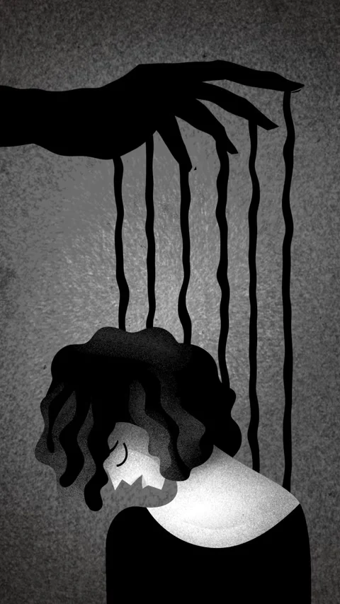 Woman controlled like a puppet by a manipulator's hand Stock Footage 342478595