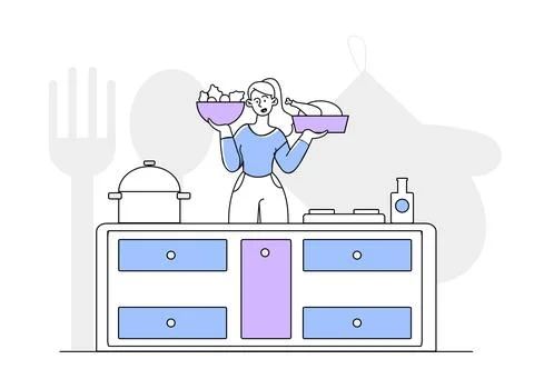 Woman cooking at kitchen vector linear Stock Illustration