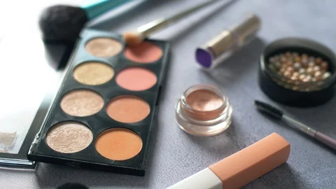Woman cosmetics make up stuff on texture surface. Eye shadows palette and brushe Video stock 114293883