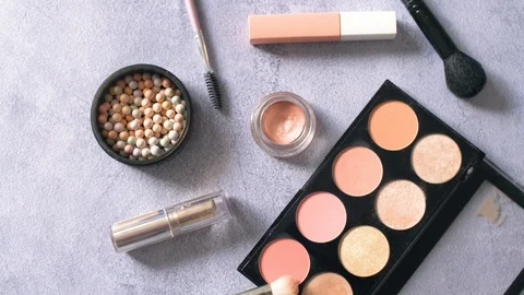 Woman cosmetics make up stuff on texture surface. Eye shadows palette and brushe Video stock 114293949