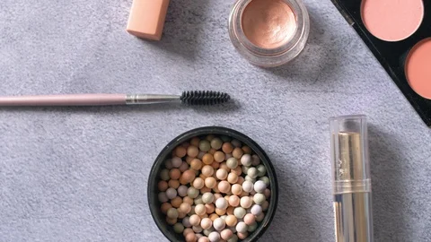 Woman cosmetics make up stuff on texture surface. Eye shadows palette and brushe Video stock 114294355